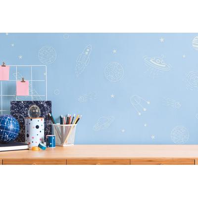 Vliestapete LIVING WALLS "Kids Studio Weltraum – Kinderzimmer Vliestapete mit Leuchteffekt", blau, B:0,53m H:0m L:10,05m, Vinyl, Vlies, Tapeten, Raketen, Planeten und Sterne mit Leuchteffekt im Dunkeln