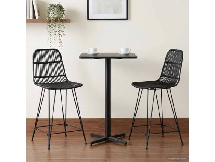 FMPGJLYH Barhocker 2er Set Rattan & Stahl, 44x54x96 cm, Schwarz, Sitzbank Atmungsaktiver Sitzkomfort, Robuster Stahlrahmen, Integrierte Fußstütze