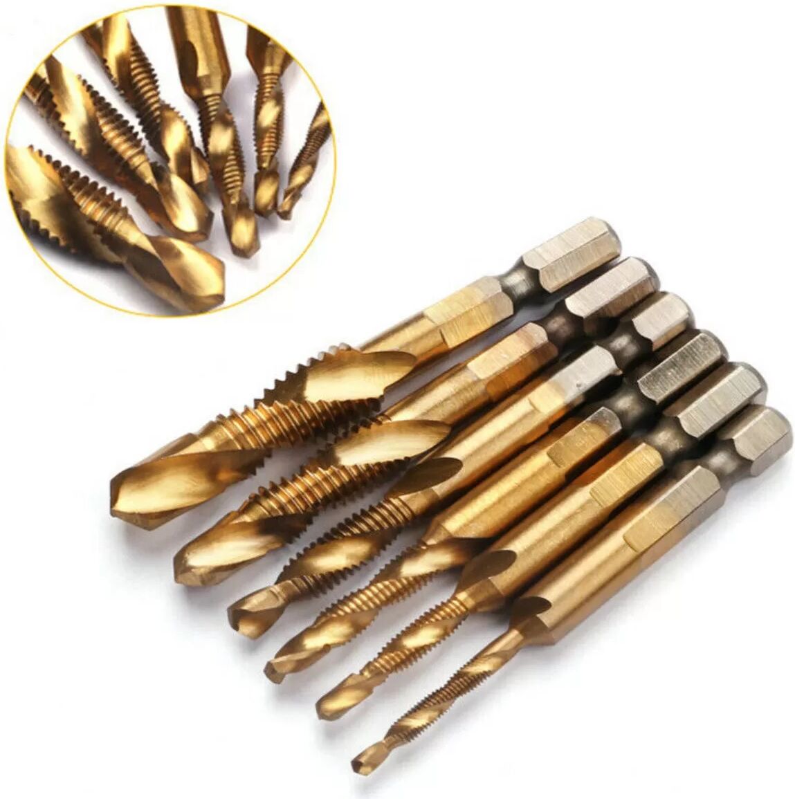INF Jeu de 6 forets tarauds à queue hexagonale, M8x0.75, Acier au carbone, Or