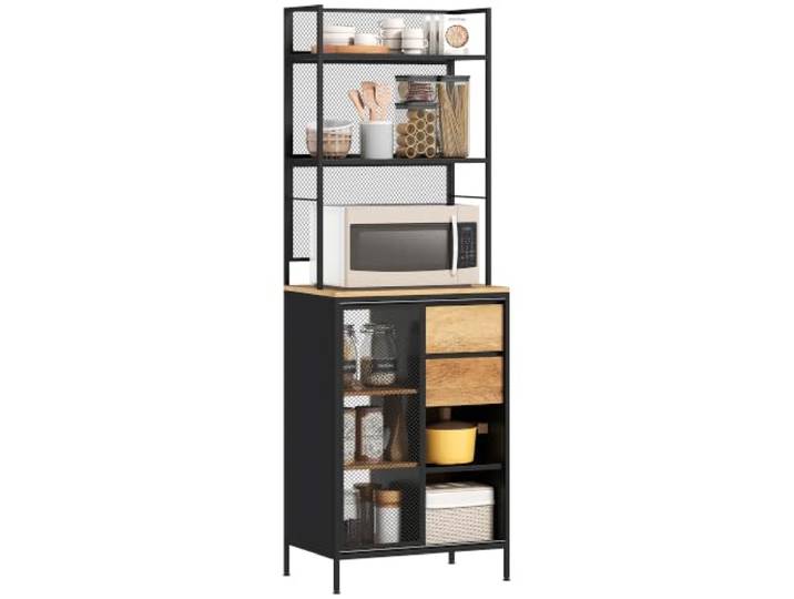 HOMCOM Küchenbuffet Mikrowellenstand 60x40x180cm Naturholz & Schwarz Schiebegittertür, Schubladen & offene Regale, industrielles Aufbewahrungsmöbel.