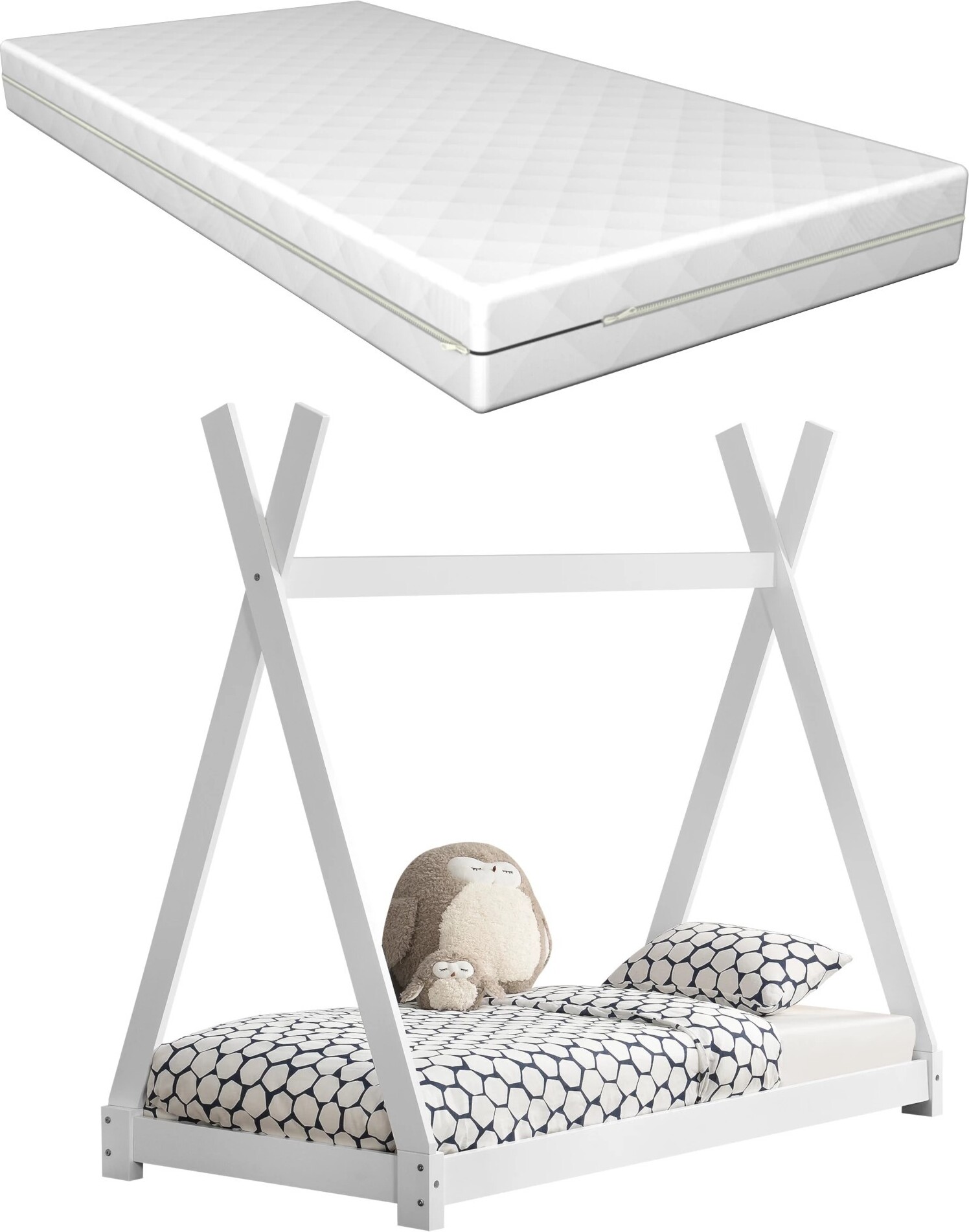 In And OutdoorMatch Kinderbett Megane - Tipi - mit Lattenrost und Matratze - 80 x 160 cm - weiß - Jungenbett - Mädchenbett - modernes Design