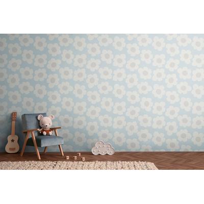 Vliestapete LIVING WALLS "Kids Studio Retro Blumen – Vliestapete für Kinder", blau, B:0,53m H:0m L:10,05m, Vinyl, Vlies, Tapeten, Große grafische Blüten im freundlichen Retro-Look