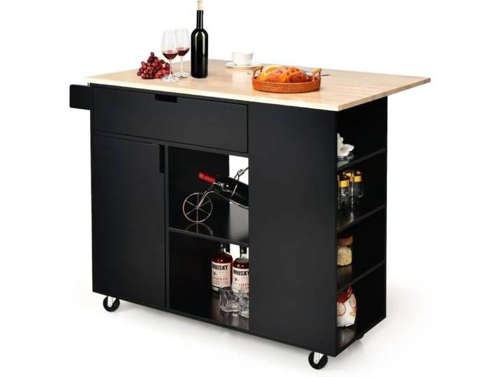 GOPLUS Desserte de Cuisine Desserte à roulettes en Bois avec Placard Étagère Ouverte et Tiroir Plateau Extensible 124x76x92CM Noir
