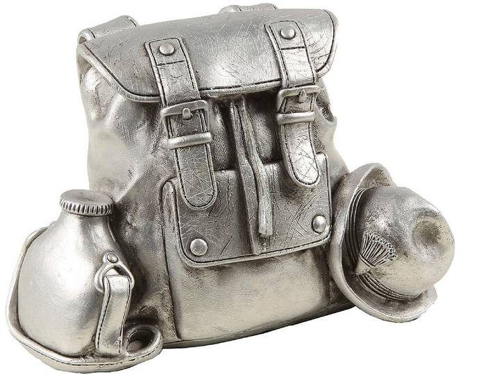 Spardose AMBIENTE HAUS Rucksack, silberfarben , silber (altsilberfarben), B:16cm H:11cm T:9cm, Kautschuk, Spardosen, Spardose, Sparschwein, Retro-Design, ideales Geschenk