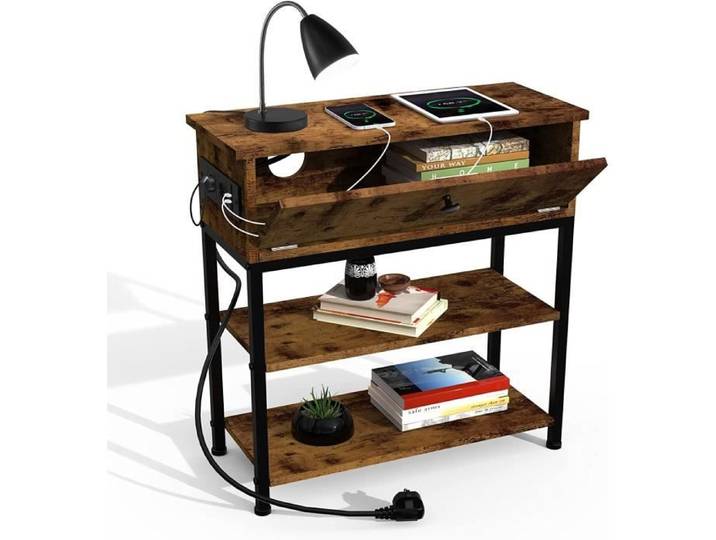 Table d'appoint avec base de chargement - Table basse 1 tiroir et port USB et prise - Table de chevet pour petits espaces