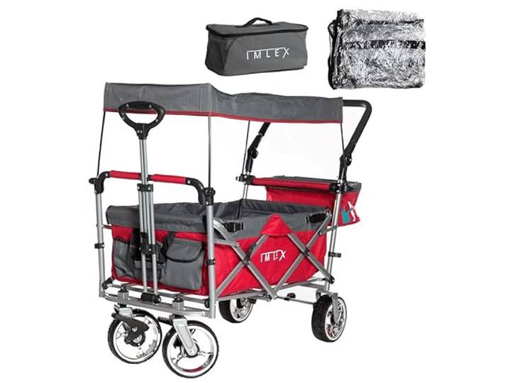 IMLEX Bollerwagen faltbar mit Dach IM-4268 mit passendem Zubehör (Rot, Mit Regenschutz + Kühltasche) (Rot, Mit Regenschutz + Kühltasche)