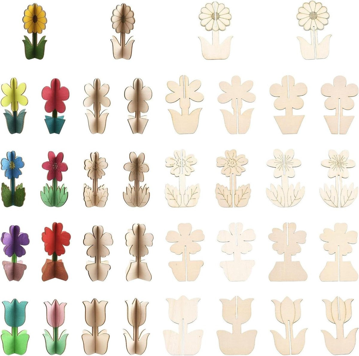36 stuks Houten Bloem Plakjes in 9 verschillende stijlen voor DIY knutselen en schilderen, onbewerkt hout