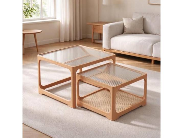 YHTCSXMD Mid-Century Couchtisch mit Massivholzrahmen und Glasplatte Nussbaumoptik oder Naturholzoptik mit 2 Satztischen für Teezubehör, Bücher und Deko im Wohnzimmer oder auf dem Balkon