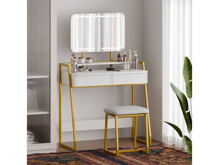Mondeer Coiffeuse LED avec Miroir et Tabouret Luminosité et Hauteur Réglables 2 Grands Tiroirs+Étagères Structure Métal Blanc&Doré