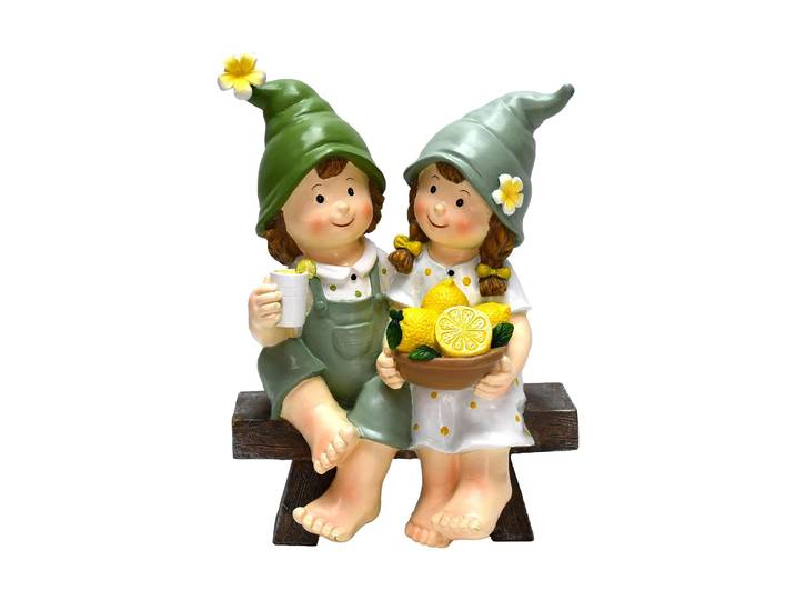 Gartenfigur Dameco Kinder auf Bank sitzend , bunt (mehrfarbig), B:20cm H:27,5cm L:12cm, Polyresin (Kunststein), Gartenfiguren, Gartenfigur