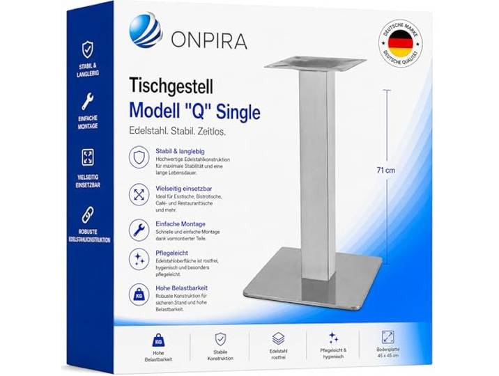 ONPIRA® Tischgestell Edelstahl Modell „Q“ Single – Tischuntergestell mit Bodenplatte 45x45 cm – Höhe 71 cm – Robuster Tischfuß für Bistro, Café, Restaurant & Gastro – Modernes Edelstahl Design