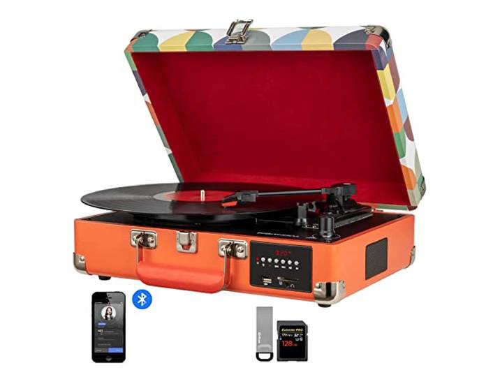 DIGITNOW! Bluetooth vinyl/LP platenspeler met stijlvolle koffer platenspeler, multifunctionele FM-radio, USB naar MP3-recorder/speler