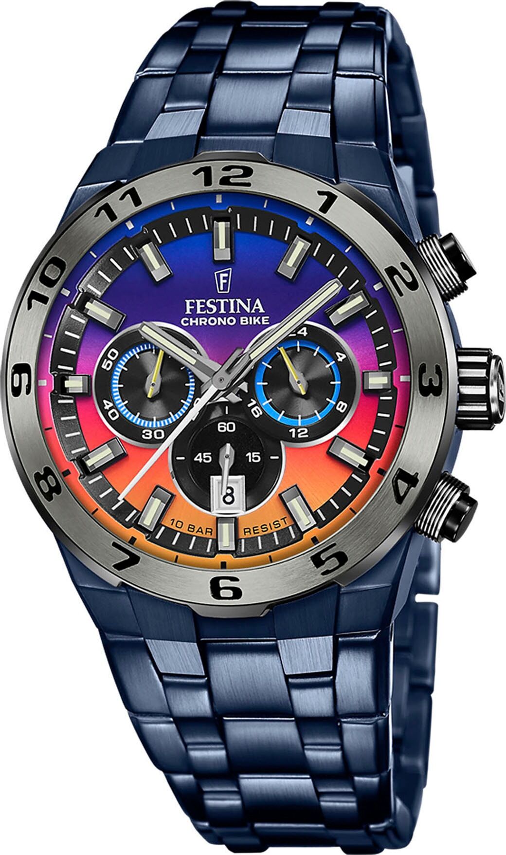 Chronograph FESTINA "Chrono Bike 2024 - Special Edition", blau, Armbanduhren, Herren, Chronograph, Quarzuhr, Armbanduhr, Herrenuhr, Edelstahlarmband