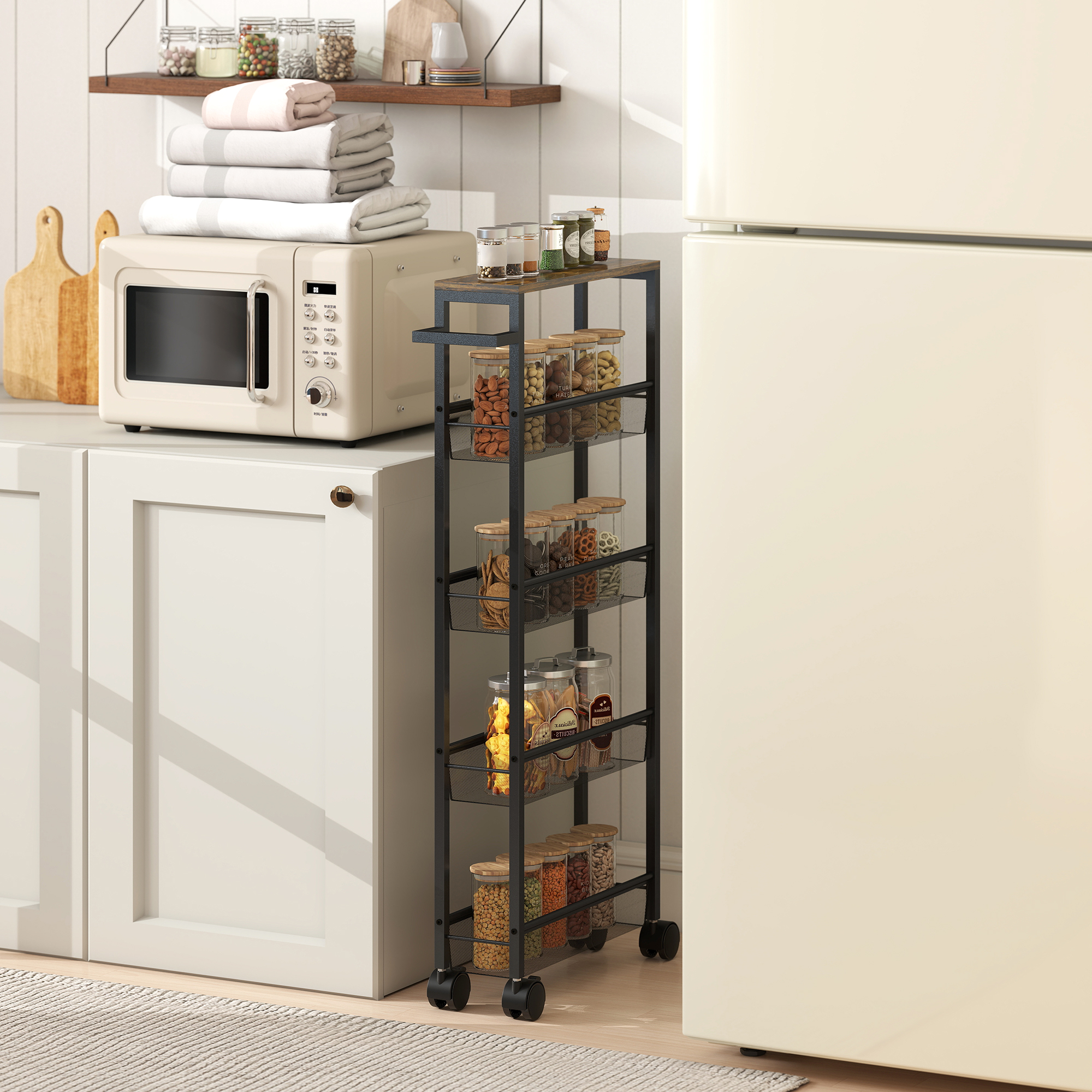 Homcom Carrello Cucina con 4 Ruote, Carrello Portaoggetti con Ruote, Piano con Effetto Legno, Struttura in Metallo, 47x13x96.5 cm, Nero   Aosom Italy