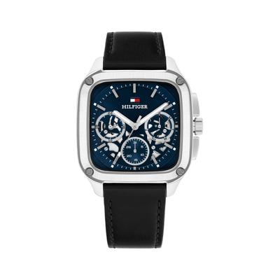 Multifunktionsuhr TOMMY HILFIGER "Herald Skeleton", schwarz (schwarz, blau), Armbanduhren, Herren, Quarzuhr, Armbanduhr, Herrenuhr, Lederarmband, analog