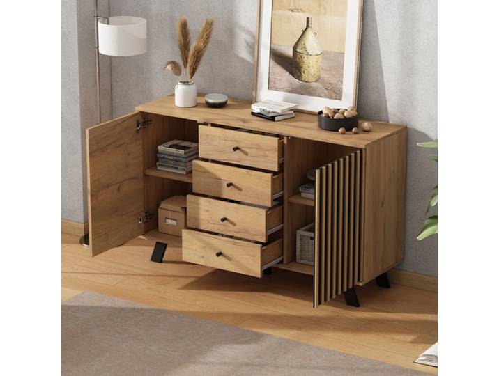 Buffet de Salon - Design Creux - 120cm - 4 Tiroirs - 2 Armoires - Bois Massif