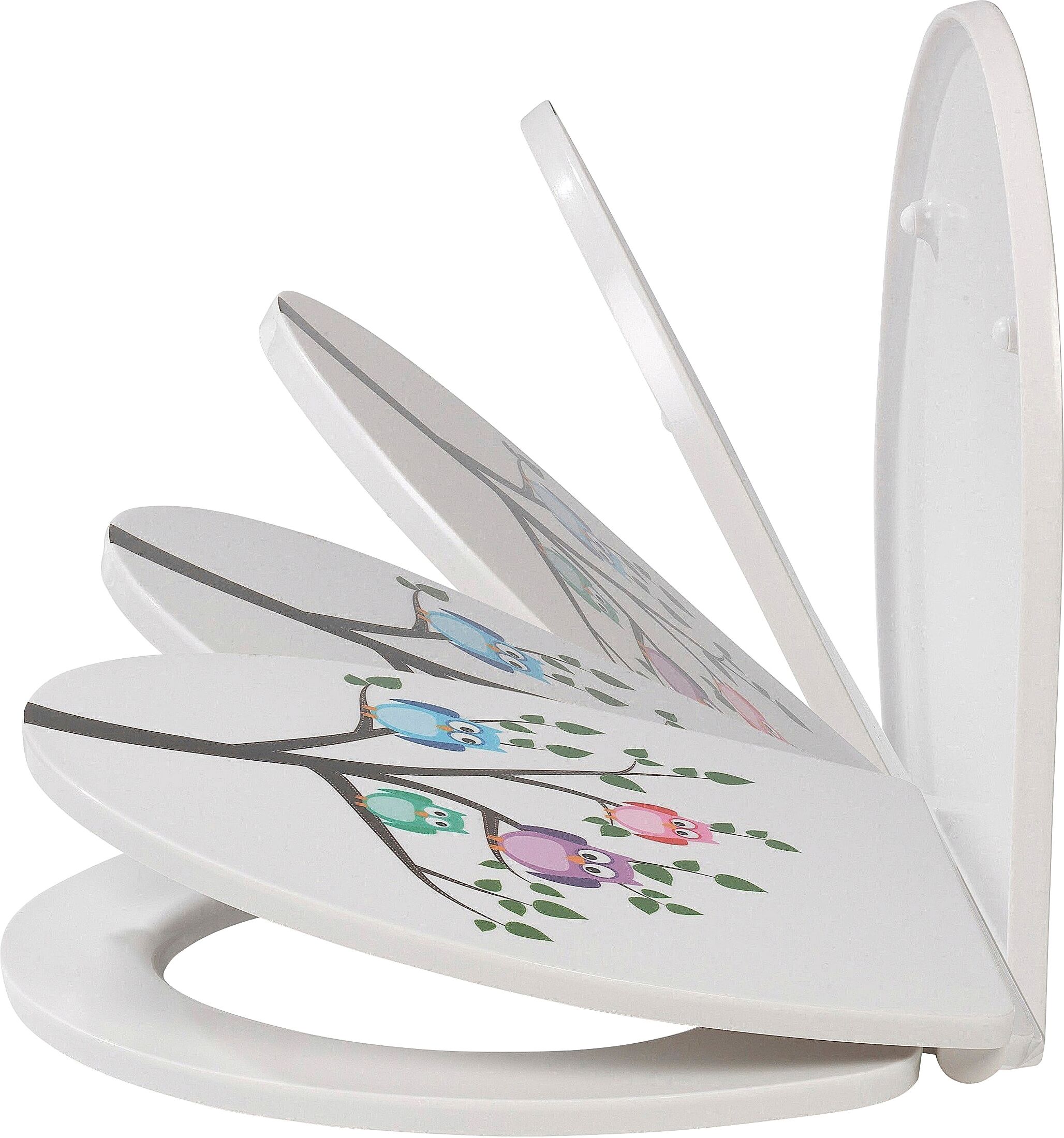 WC-Sitz ADOB "Eule", bunt (weiß, bunt), B:38,5cm H:4,2cm L:45cm, Duroplast, Edelstahl, WC-Sitze, WC-Sitz, Absenkautomatik, zur Reinigung auf Knopfdruck abnehmbar weiß, bunt Einheitsgröße