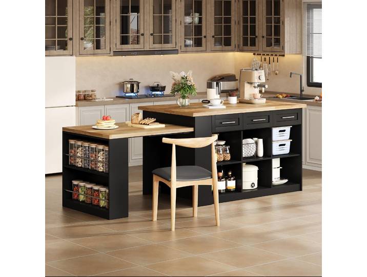 MODFU Îlot de Cuisine - Meuble de Cuisine Moderne avec Table Extensible et 3 Compartiments - Chariot de Cuisine Noir - 150x90x90 cm