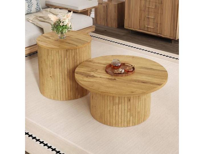 HOMVRA Table basse ronde 75x75x36 2 pieces cm avec table d appoint démontable en MDF couleur naturelle