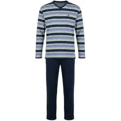 hajo Herren Schlafanzug lang - Klima-Light, lang, V-Neck, gestreift, Baumwollmix Blau / XL