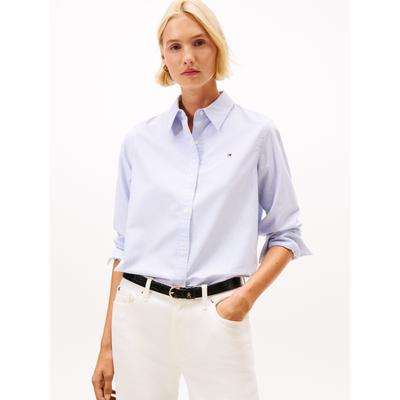Hemdbluse TOMMY HILFIGER "OXFORD RELAXED FIT SHIRT mit Hemdblusenkragen und Stickerei", Damen, Gr. 40, blau (classic ithaka stp breezy blau), Web, Obermaterial: 100% Baumwolle, gestreift, relaxed fit hüftlang, Ärmel mit Ärmelschlitz...