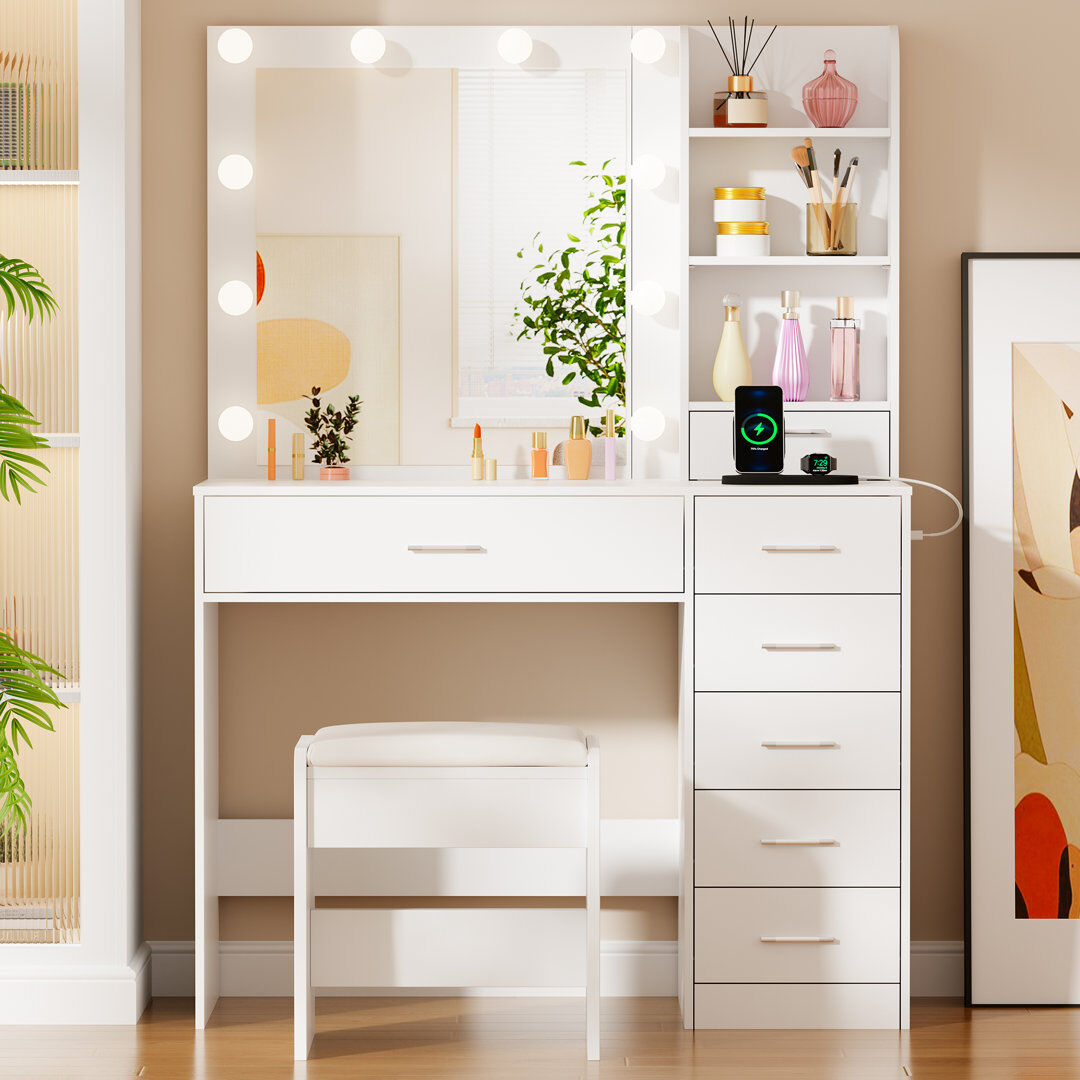 Canora Grey Elowen 90cm Wide Dressing Table with Led Mirror & Power Outlet, 7 Drawers and 3 Shelves White 140cm H X 90cm W X 40cm D