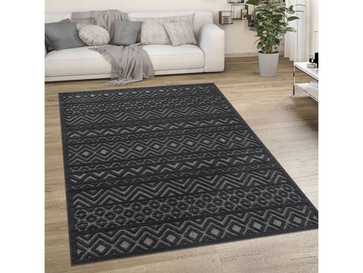Paco Home Livorno 673 rechteckig 14 mm Höhe Uni-Farben, Scandi, Rauten Muster, Hoch-Tief Effekt, Outdoor geeignet