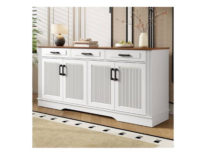 STILVORA Sideboard Wohnzimmerschrank mit 3 Schubladen Beistellschrank aus MDF, weiß (Aufbewahrungsschrank, Rillenfront, erhöhter Sockel, 4 Türen, 2 Fächer, feste Einlegeböden, MDF-Korpus)