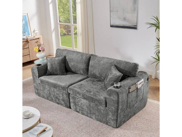 CollaHausse Canapé Relax 2 Places Chenille Gris Pochette Latérale et Porte-Boisson