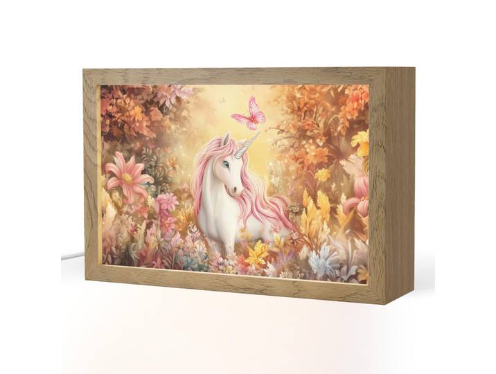 OnlyWow Nachttischlampe - Einhorn - Blumen - Schmetterling - Rosa - 30x20 cm, Beige, Holzwerkstoff, Rechteckig, LED integriert, 30x20x8 cm, Lampen & Leuchten, Innenbeleuchtung, Nachtlicht