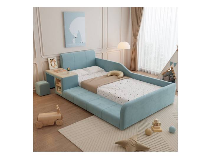 KEFEYA Polsterbett mit Schreibtisch, Hocker & Ablageboden (Samt-Kinderbett mit weichem Kopfteil, Holzlattenrost für Kinderzimmer, Schlafen, Lernen & Spiele, 1-tlg., 90/140x200cm)