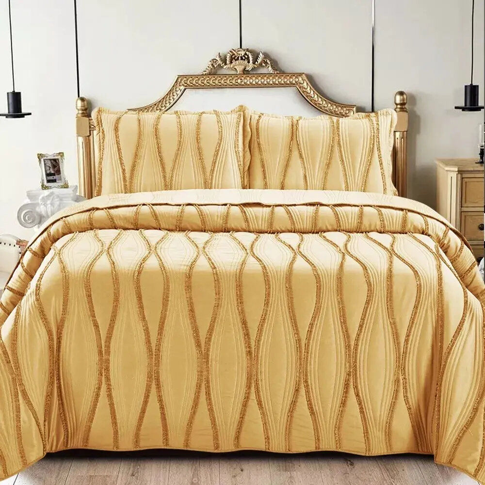 Quality & Style 3 Piece Quilted Bedspread Reversible Comforter Bedding Set Bed Throw Musterd Floral Double Bedspread + 2 Standard Shams