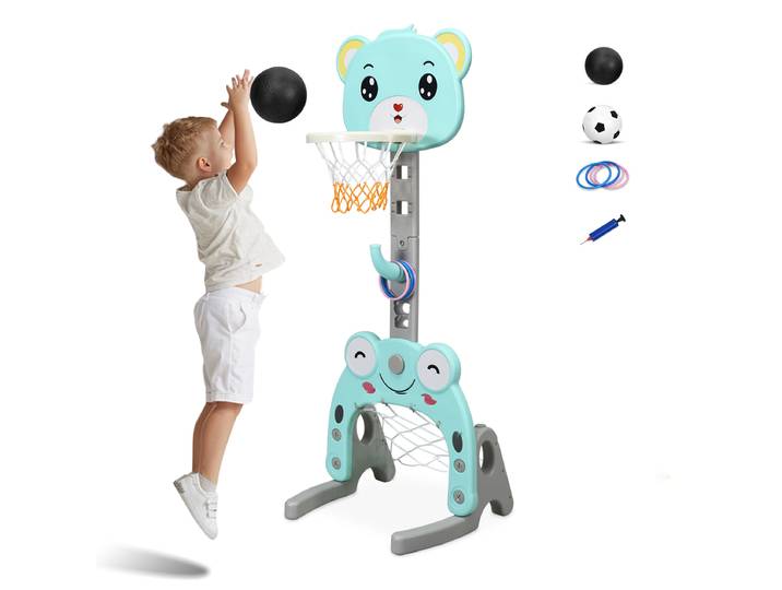 3-In-1 Basketbalring-Standaard Verstelbare Basketbalstand met Score Voetbaldoel Ringgooi-Speelset Basketbal en Voetbal Schattige Beer