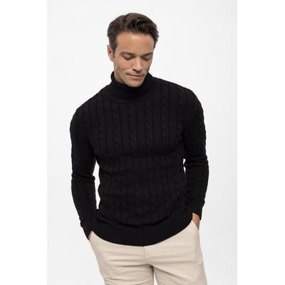 Rollkragenpullover FELIX HARDY "Rollkragenpullover mit Zopfmuster", Herren, Gr. M, schwarz, 100% Baumwolle, hoch geschlossener Ausschnitt, Pullover Rollkragenpullover