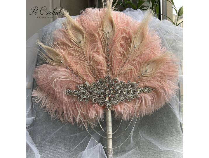 PEORCHID-Éventail de plumes de mariage en cristal rose de luxe, thème de la testostérone, bouquet de patients, éventail à main de fiançailles, bouquet des mariées rugissantes des années 20