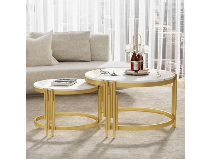 BTM Moduliertes Couchtisch-Set, Marmoroptik, Goldener Metallrahmen, runde Tische in Zwei Größen