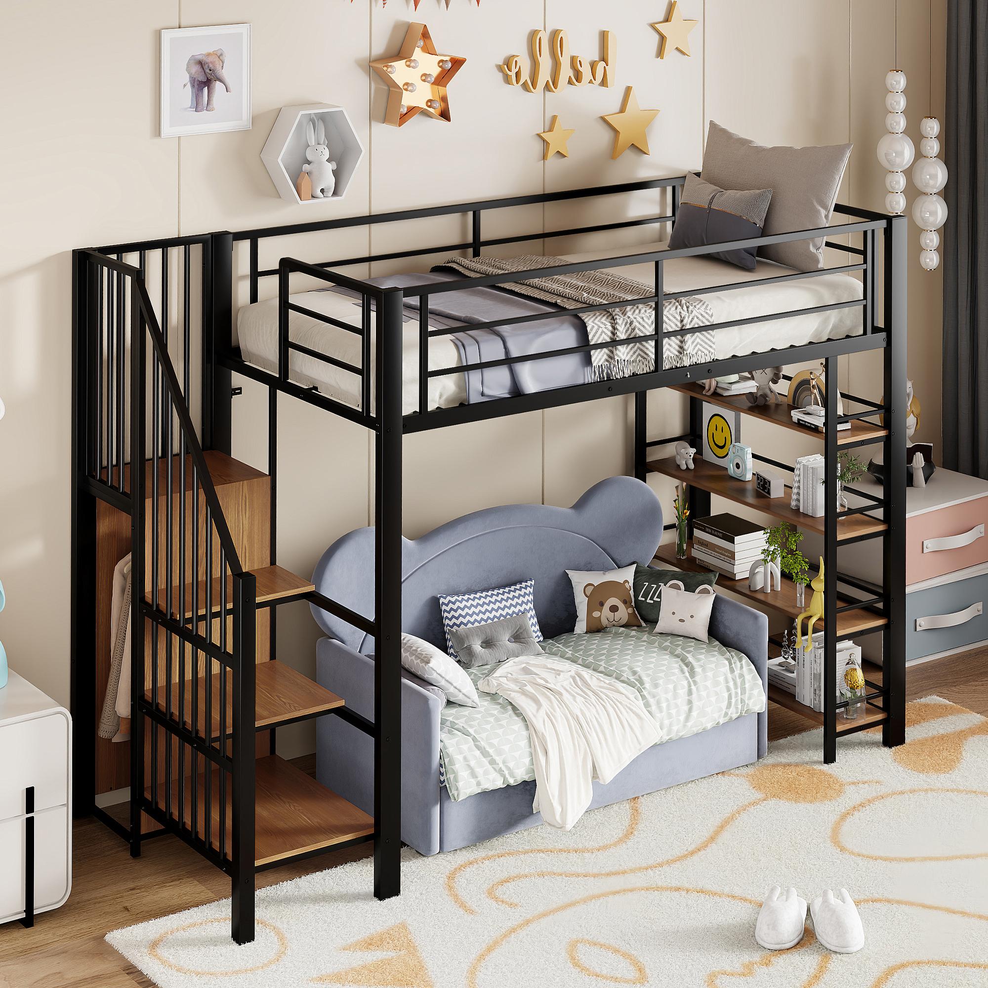 okwish Etagenbetten 90×200 mit Sicherheitstreppe und Stauraum,Hochbett mit kleinem Kleiderschrank und Einlegeböden,Jugendbett mit hohes Zaundesign,schwarz