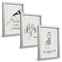 BILDER SET 3er Set - 20x30 cm Silberner Rahmen - Champagner-Wein-Linienzeichnung