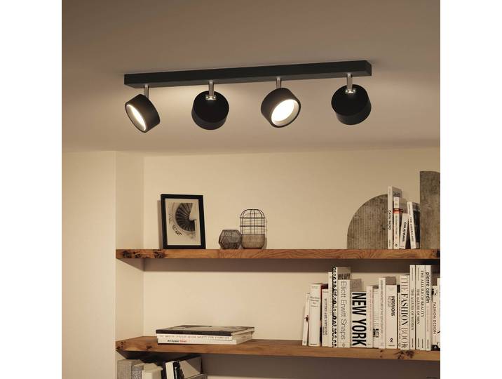 Philips Bracia LED plafondspot met 4 lampen, zwart, zwart, Woon-/ Eetkamer, Aluminium, Modern