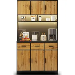 OKWISH Küchenschrank MDF/PB Schwarz-Natur 100x40x180 cm mit LED-Beleuchtung, APP-Steuerung, 3 Schubladen und Steckdosenleiste