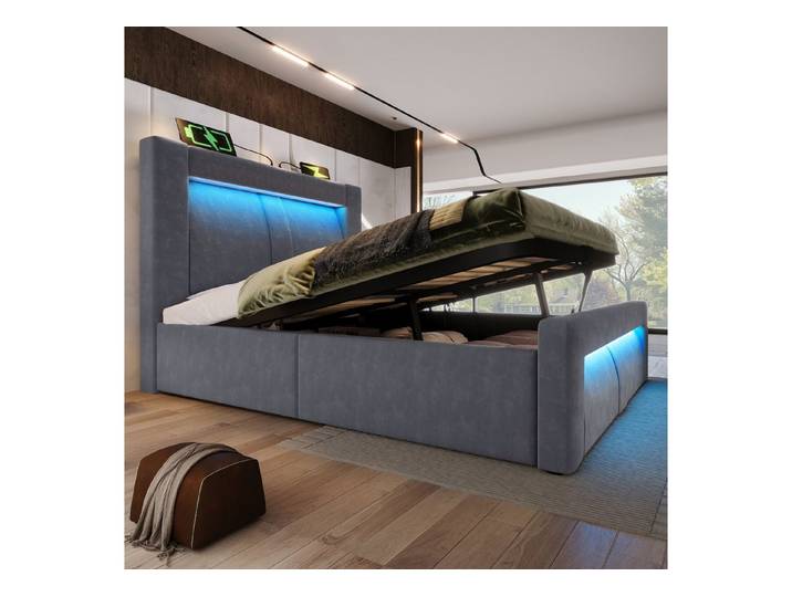HAUSS SPOLE Stauraumbett mit LED,90x200 Polsterbett Jugendbett mit Kopfteil ohne Matratze