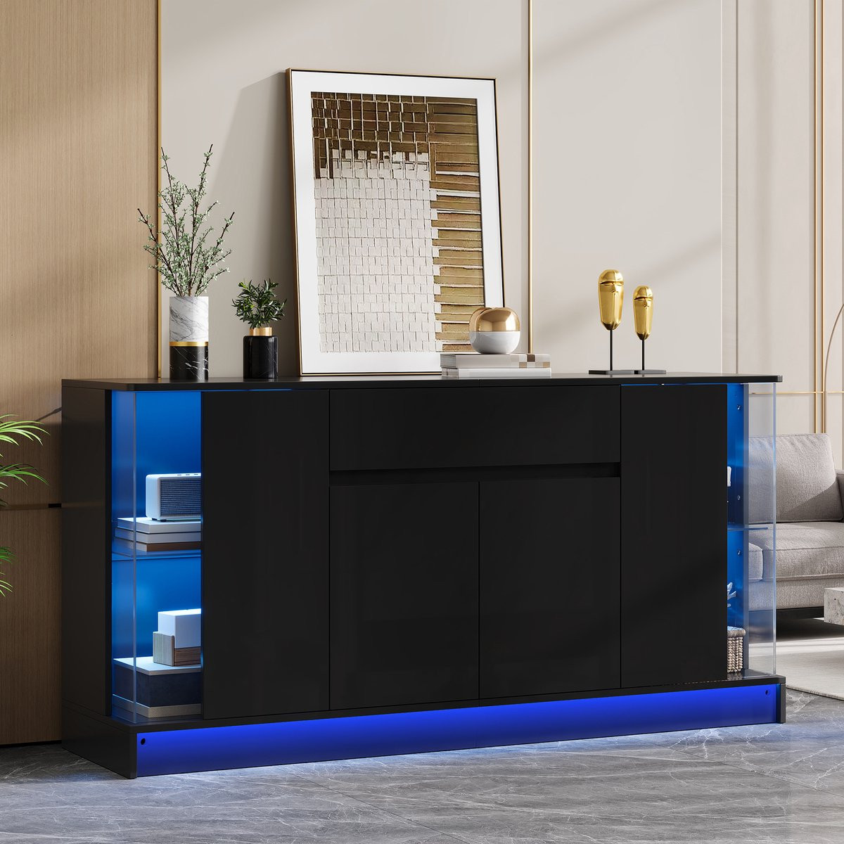 Modern Sideboard met APP LED Verlichting, Hoogglans, Lade, Dubbele Deuren en 2 Glasvitrines - Zwart