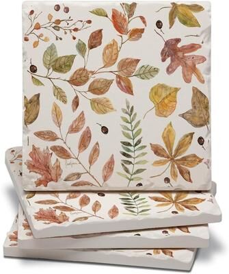 Thirstystone "Autumn Leaves 4 Pack Tumbled Tile Stone Coasters with Protective Cork Backing 4"" Square Manufactured in The USA"