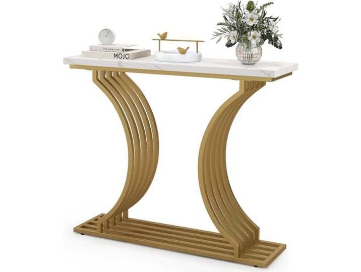 Table Console COSTWAY Imprimée Marbre -100 x 29 5 x 80 5 cm (L x l x H)- Cadre en Métal Doré - Style Scandinave Moderne