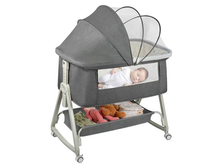 JEOBEST Beistellbett 3 in1 Babybetten mit Rollen, Beistellbett Baby mit Moskitonetz, (6 Fach Höhenverstellung und Neigungsverstellung)mit Aufbewahrungskorb