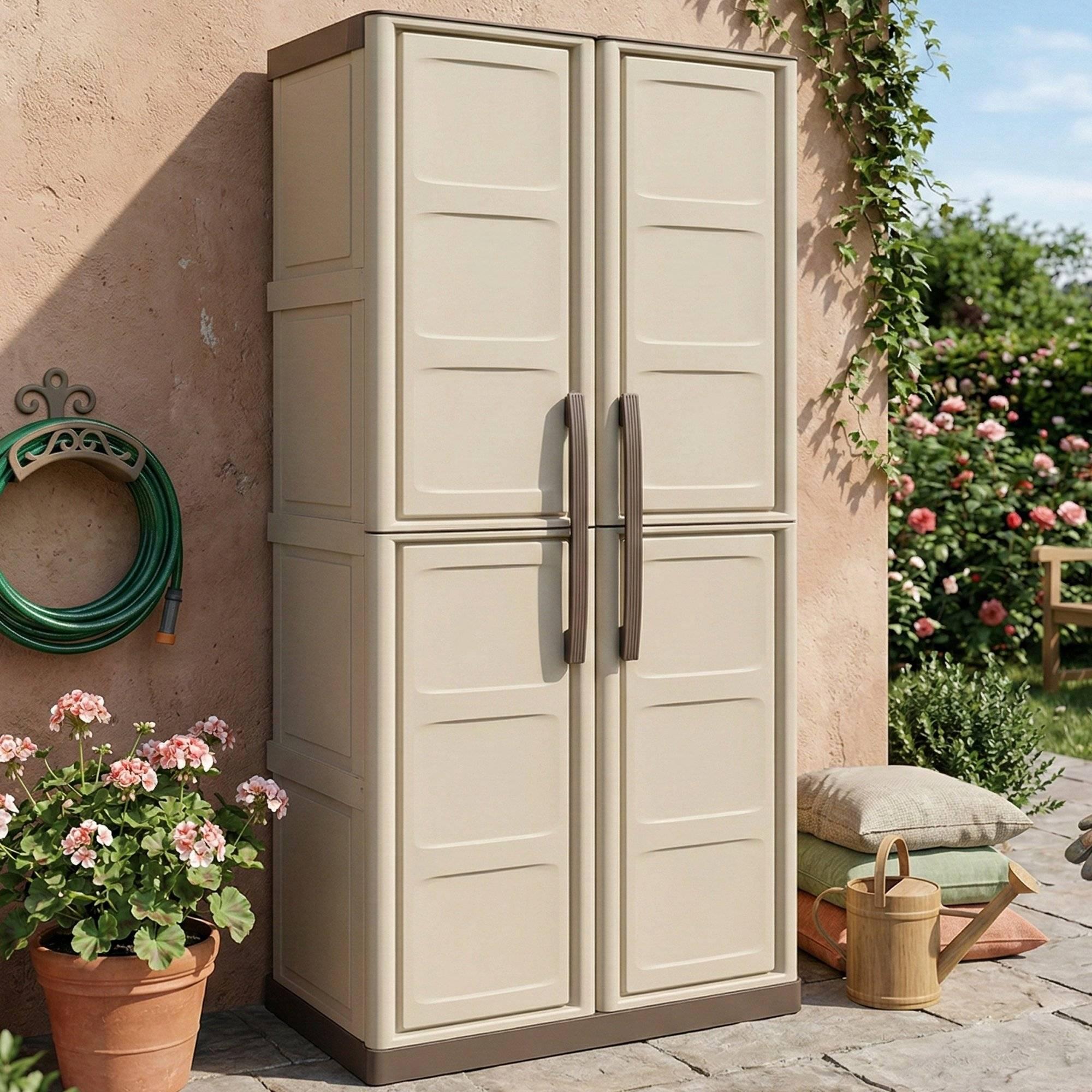 Mehrzweck Außen oder Innenbereiche, 2 türige Mobile und 3 Polypropylen Regale, 100% Italy, 70x39h165 cm, beige Farbe