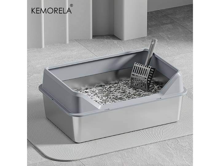 KEMORELA XL bac à litière extra large en acier inoxydable avec couvercle grand bac à litière pour chat sur le côté haut pour grande cuillère Ncluding