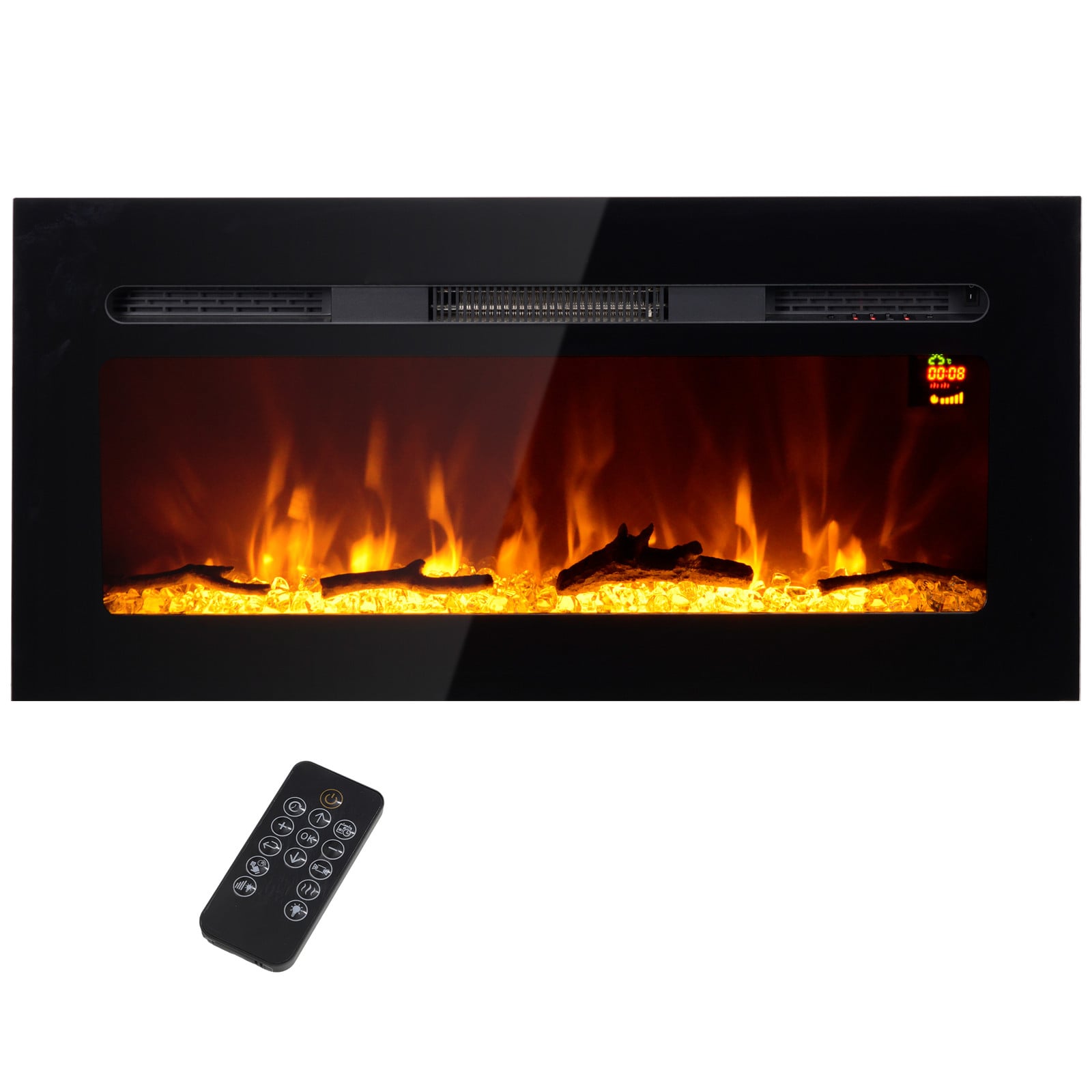 HOMCOM Elektrische Haard Wandmontage 1800W met Houtblokken en Kristallen, Zwart, 91.4 cm