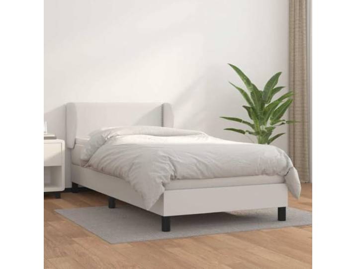 Boxspringbett Weiß mit Matratze 100 x 200 cm, Kunstleder mit Nägeln höhenverstellbares Kopfteil mit Ohren, Taschenfederkernmatratze 203 x 103 x 78 cm, Topper inklusive, Flach mit Nägeln