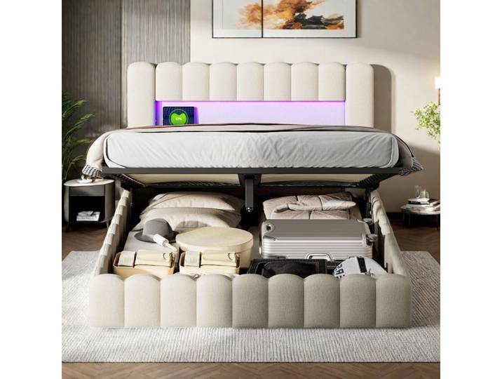 Lit Coffre Capitonné 180x200 Lits 2 Personnes avec Rangement et Tête de Lit Lit Capitonné avec LED et USB Cadre de Lit Lin Beige